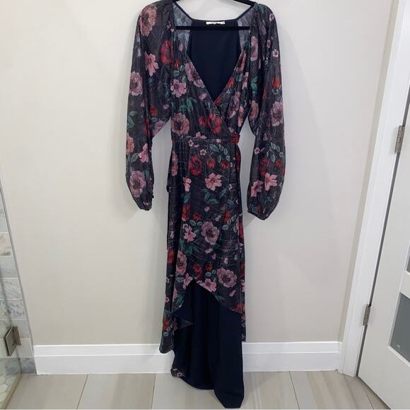 Revolve Tularosa Cora Wrap Dress Metallic Gown Black Purple Red Floral Small - Picture 8 of 11